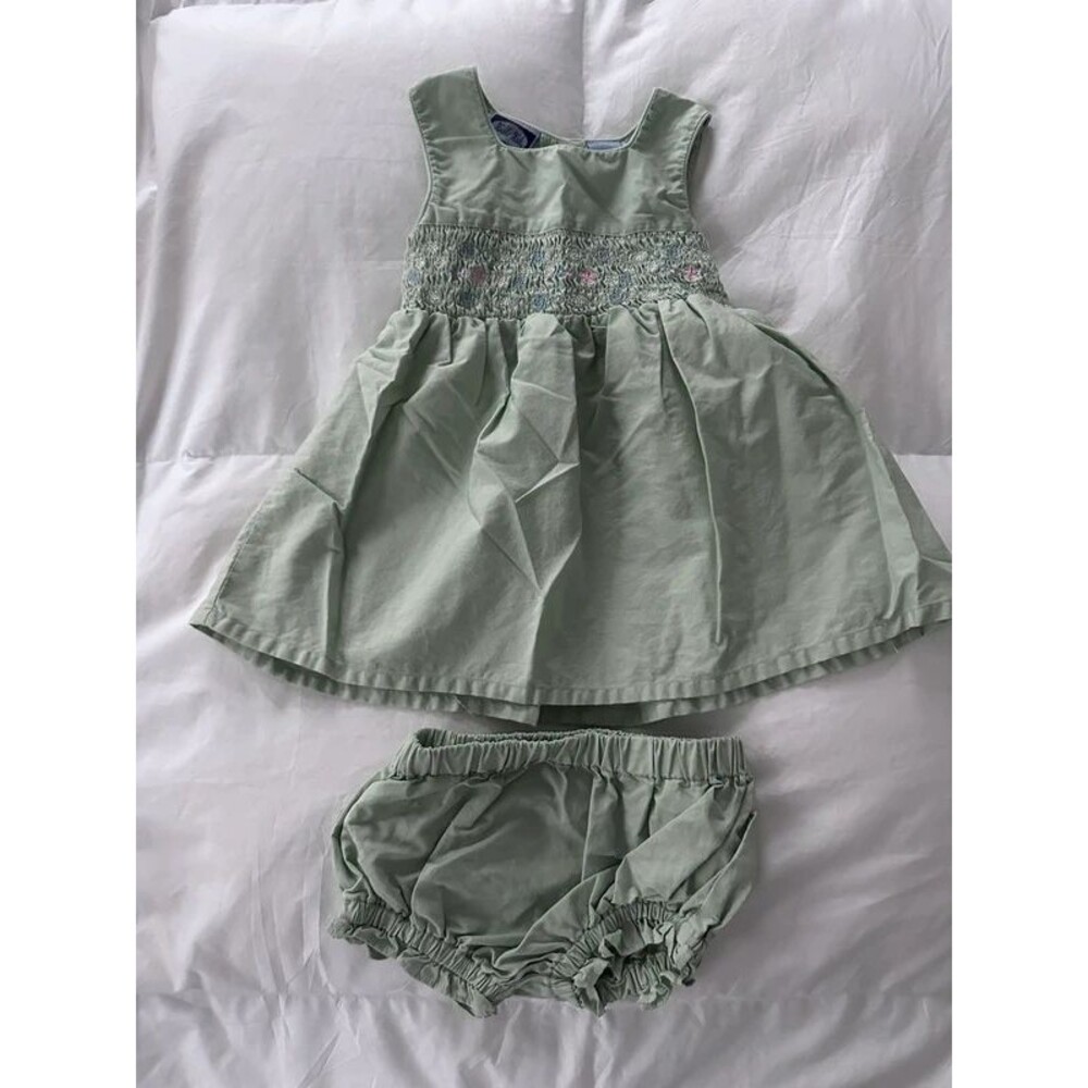 Vintage Koala Kids Smocked Sage Green Dress & Bloomers Set 12 Months 100% Cotton